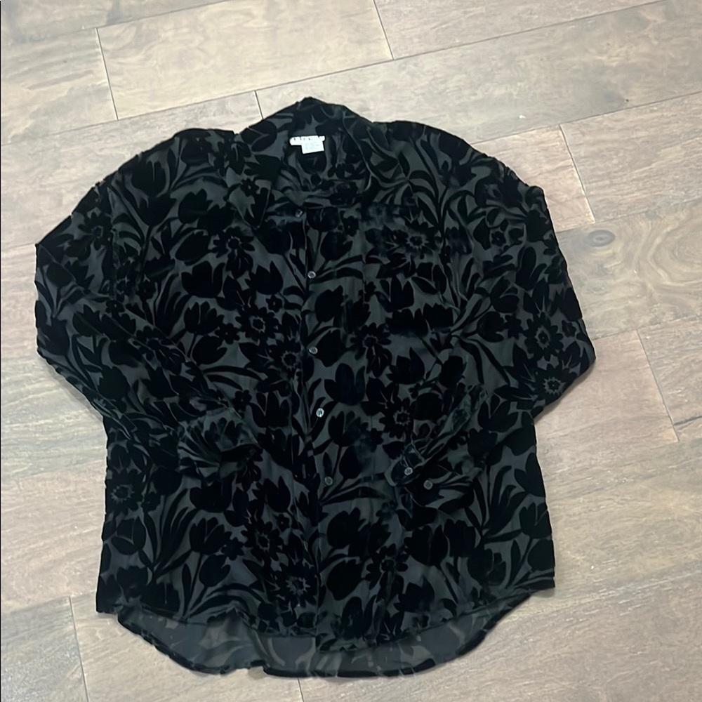 Black Floral Velvet Button-Up Shirt